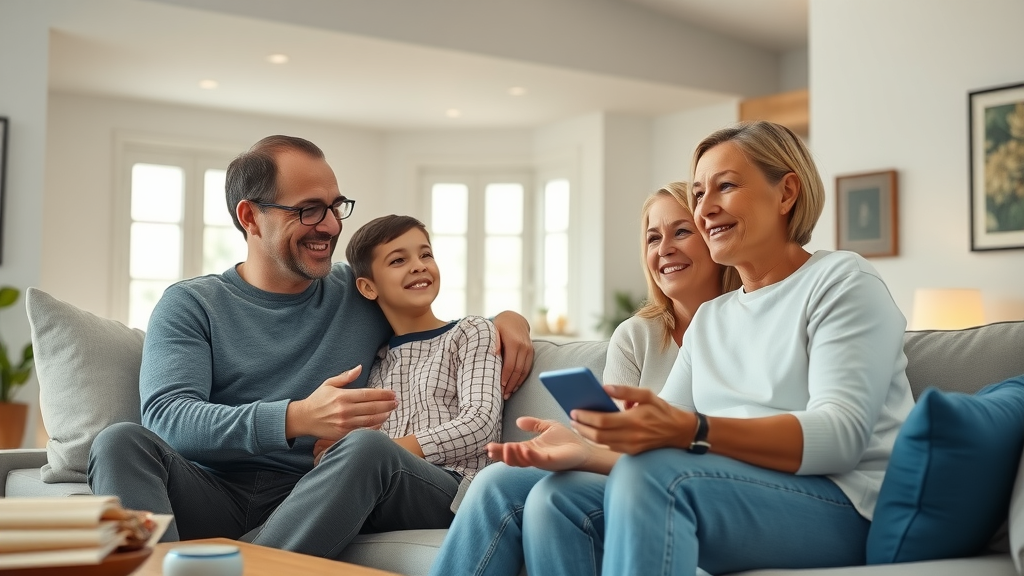modern New Jersey living room with smart home device integration NJ, family interacting with invisible voice assistant, smart speakers and thermostat in background