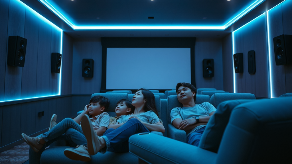 Luxury NJ home theater, family enjoying immersive surround sound, smart lighting and plush seating | home audio home theater automation