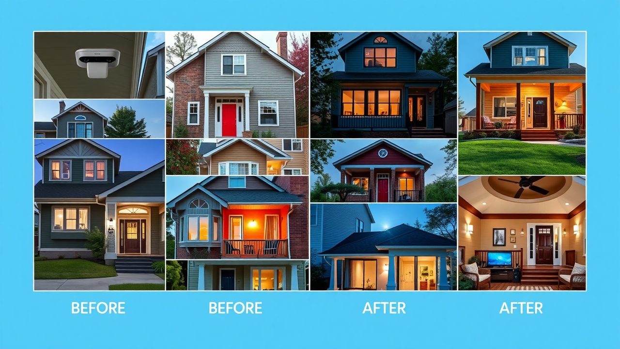 Transformation collage of New Jersey smart home technology installations, featuring before and after upgrades in home exteriors, interiors, security systems, and lighting | smart home systems