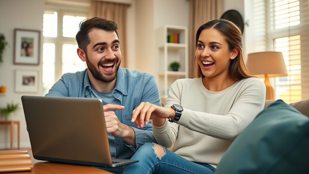 happy young couple watching a 3D virtual home tour of a New Jersey house, selling homes faster NJ