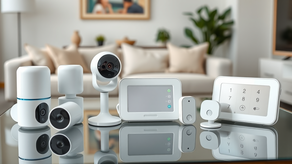 smart home security devices camera sensors smart lock control panel on table