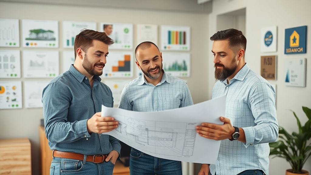 Professional NJ remodeling contractors planning eco-friendly bathroom renovation with blueprints and sustainable material samples