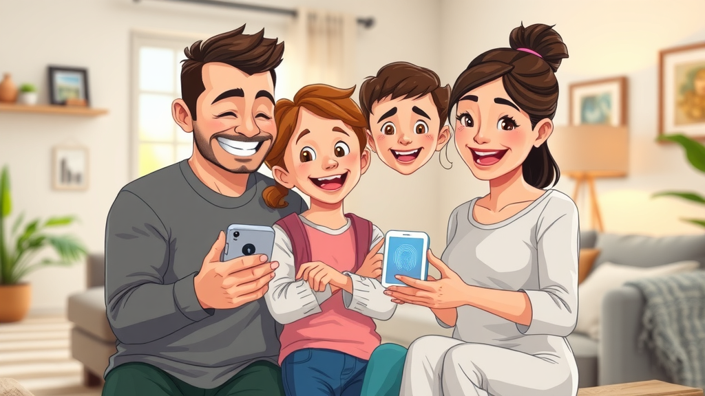 family using app to activate smart home security features, happy and unified, smart home safety tips