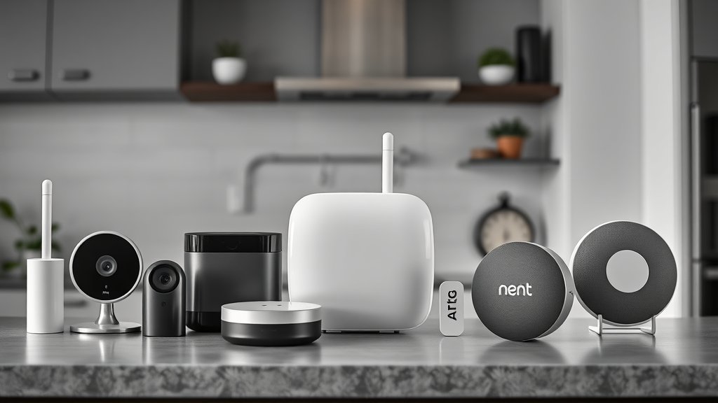 Ring, ADT, Google Nest security system devices grouped together in an NJ home