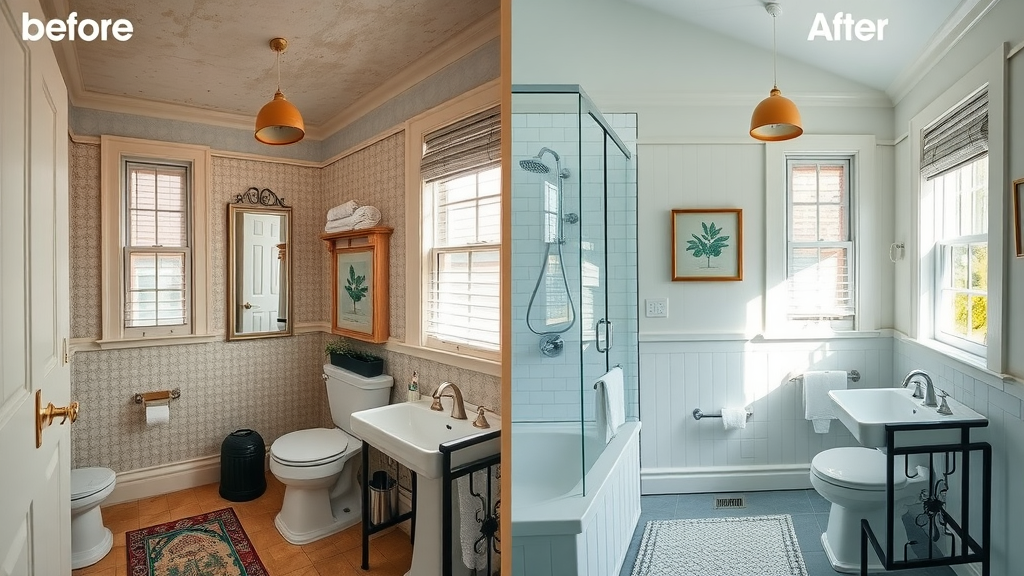 Before and after NJ bathroom renovation showing transition to eco-friendly design