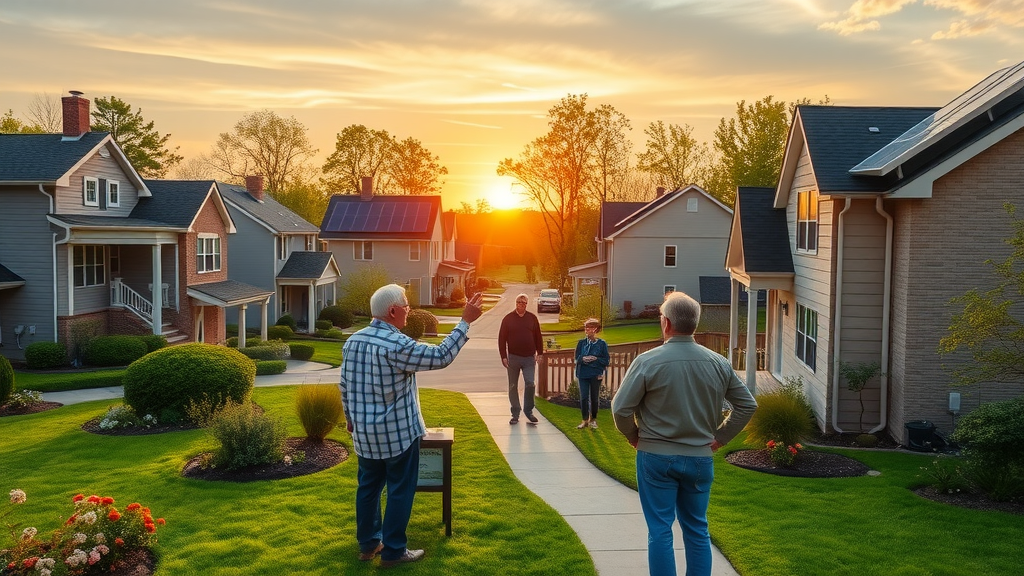 Solar panel financing options NJ in a New Jersey neighborhood at sunrise, showing solar panels on rooftops and residents admiring their new solar energy systems.