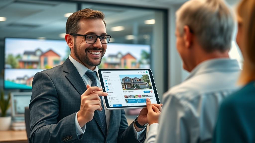 professional New Jersey real estate agent presenting a property listing on a tablet, selling homes faster NJ
