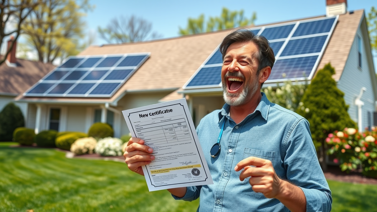 Excited NJ homeowner holding tax paperwork and SREC certificate by solar panels, showing benefits of federal tax credit for solar energy systems.