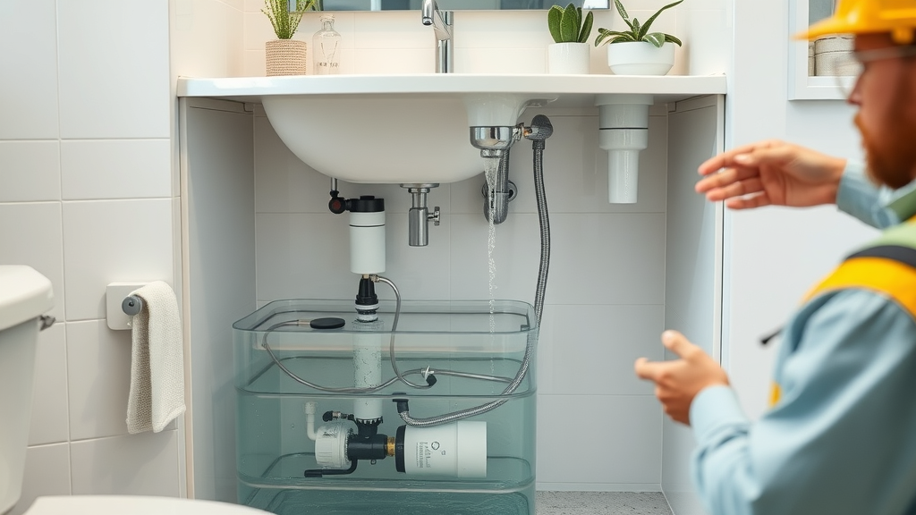 Eco-friendly bathroom remodel in NJ with contractor explaining functional greywater system