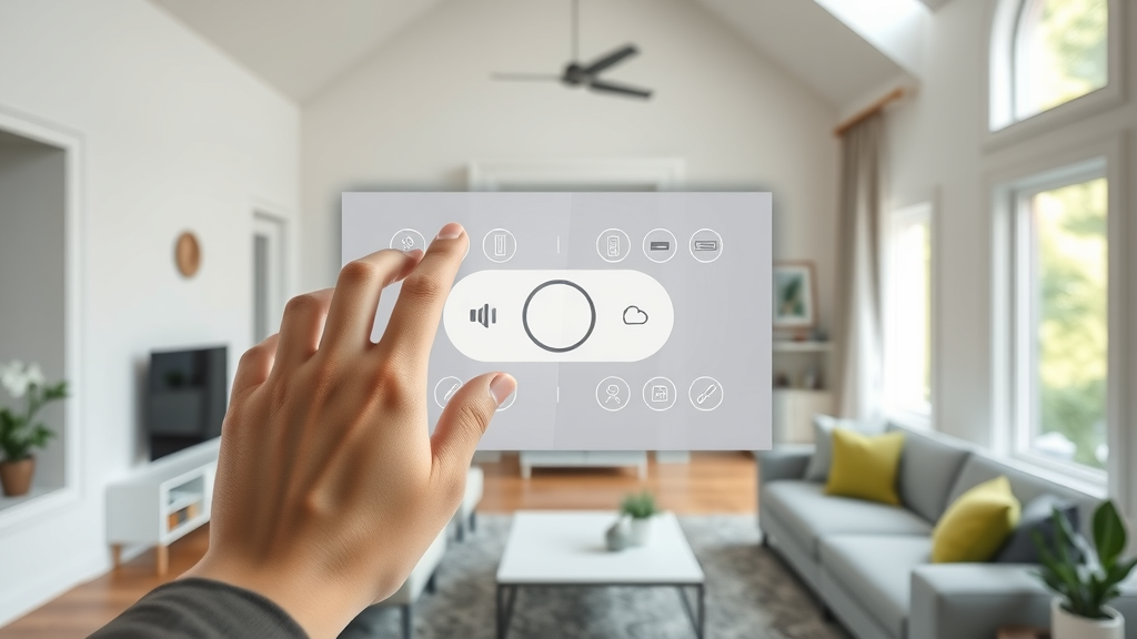 Minimalist NJ smart home interface, single control panel adjusting devices in open concept space, real-time lighting and climate feedback | smart homes total home control