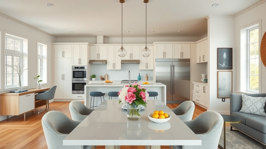 Open concept kitchen and dining area in NJ staged with modern furniture, fresh flowers, and subtle decor for home staging company