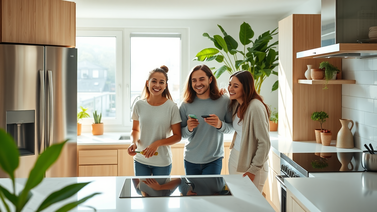 eco-friendly modern kitchen in NJ showcasing smart energy-efficient appliances and a connected thermostat
