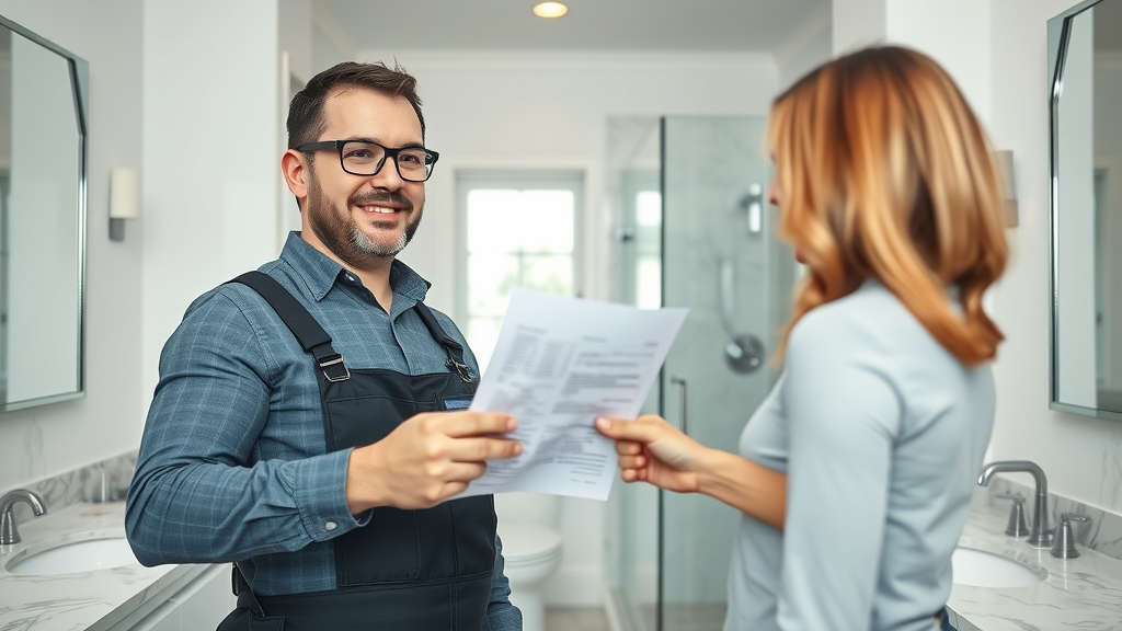 Licensed bathroom contractor in NJ handing over permits for remodeled modern bathroom – licensed bathroom renovators NJ