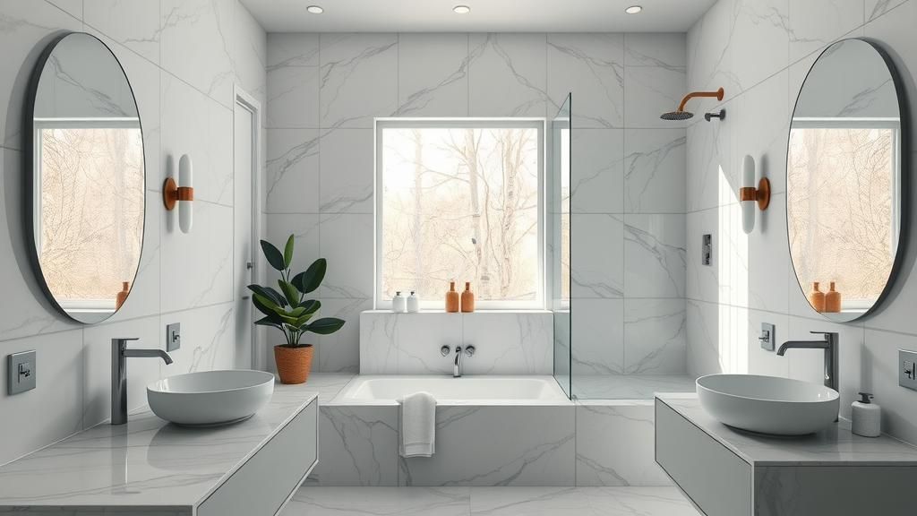 trendy contemporary bathroom renovation in new jersey with modern fixtures and marble finishes