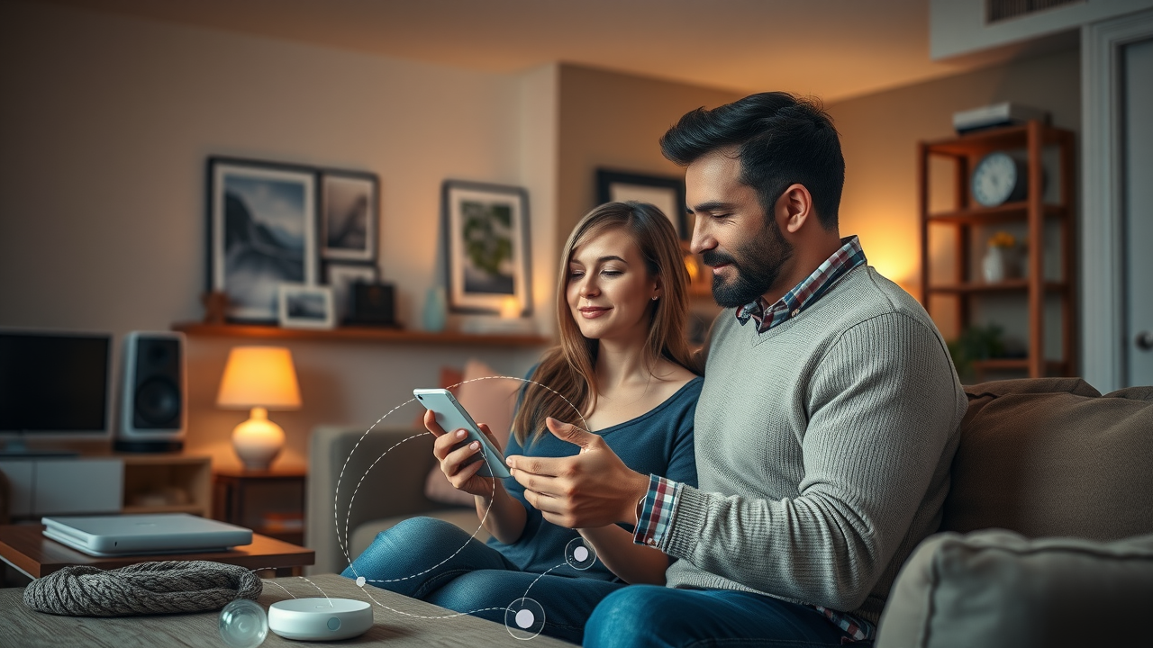 couple configuring smart home hub in cozy NJ living room, integrating various smart home devices