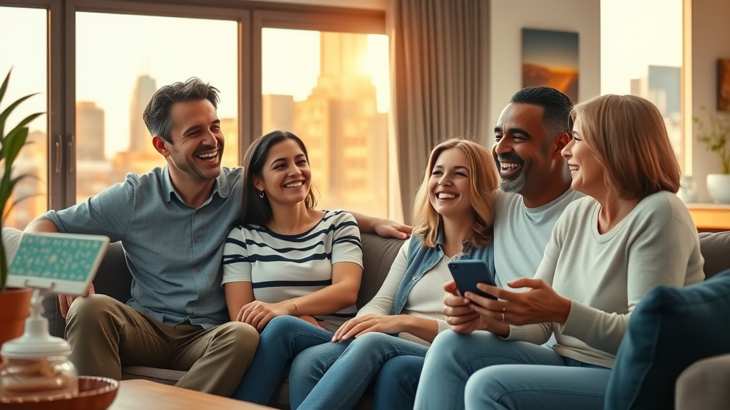 happy NJ family living room visible indoor security camera golden hour city skyline