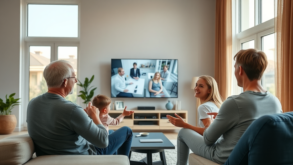 New Jersey family watching smart home security camera feed on TV in their living room