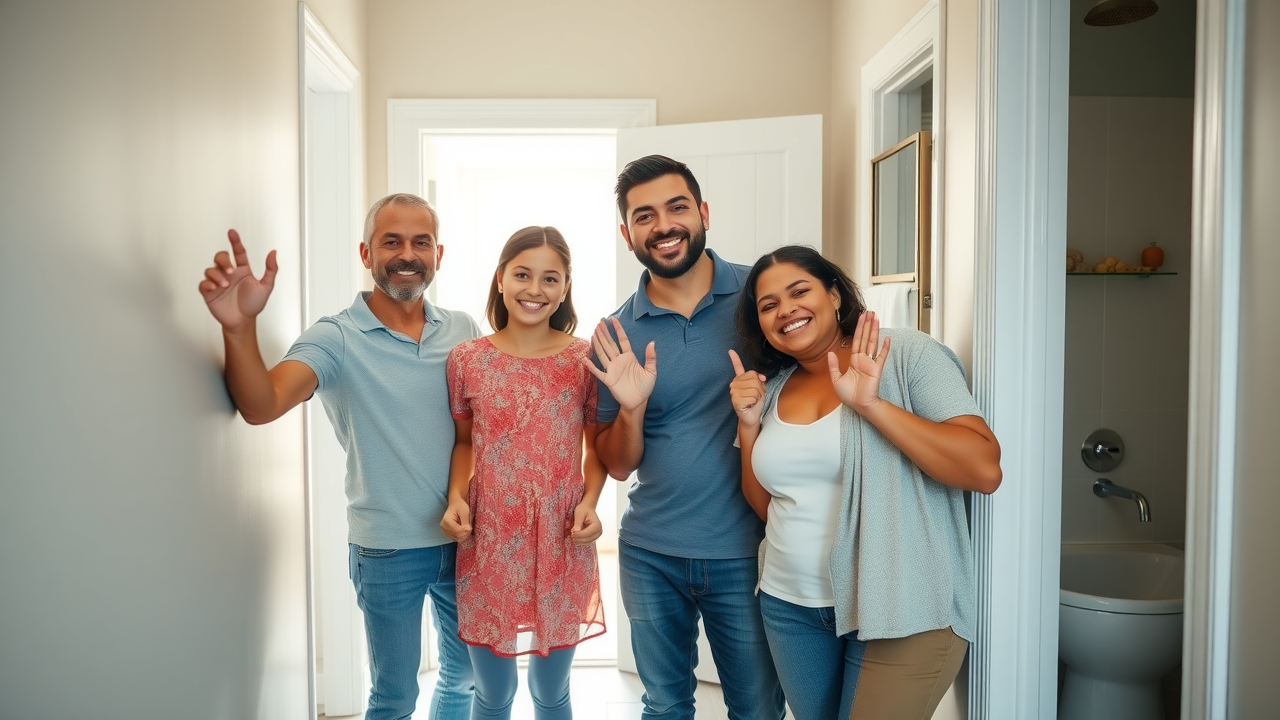 Happy NJ family celebrating their new bathroom remodel by licensed bathroom renovators NJ