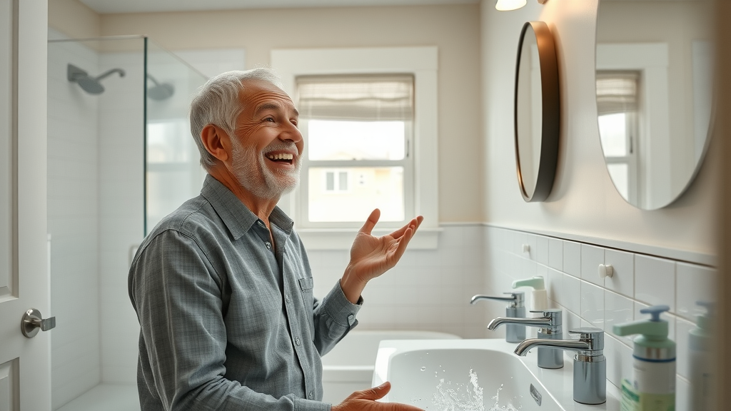modern bathroom upgrade tips new jersey, cheerful homeowner admiring renovated fixtures with natural light