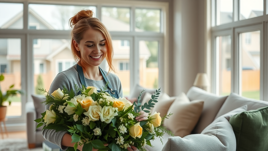 professional home stager arranging fresh flowers in a modern New Jersey living room, selling homes faster NJ