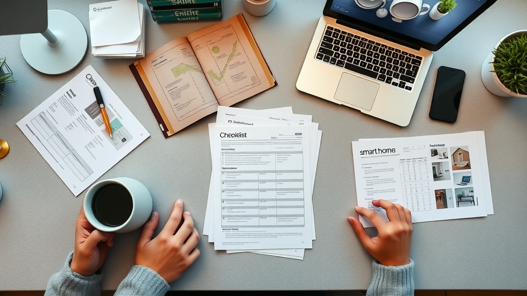 Desktop workspace with smart home checklists and brochures, smart home installer reviews NJ