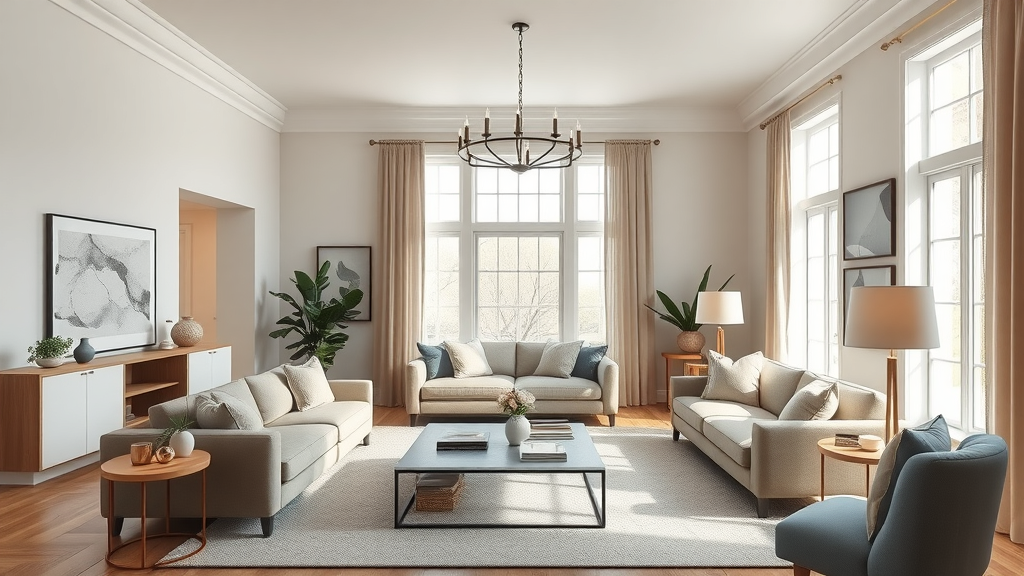 Elegant modern living room interior staged for real estate in NJ, inviting and sunlit, with neutral color palette and tasteful decor for home staging