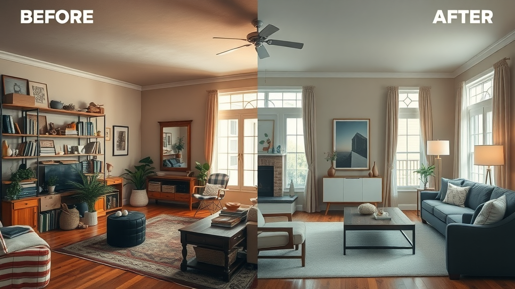 Before and after of a NJ living room staged for real estate sales, showing dramatic transformation for maximum appeal in interior design