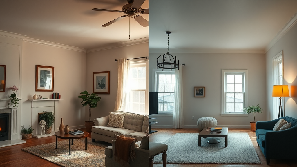 side-by-side staged vs unstaged home interiors, left refined and welcoming for staged homes for sale NJ, right empty and uninviting NJ real estate