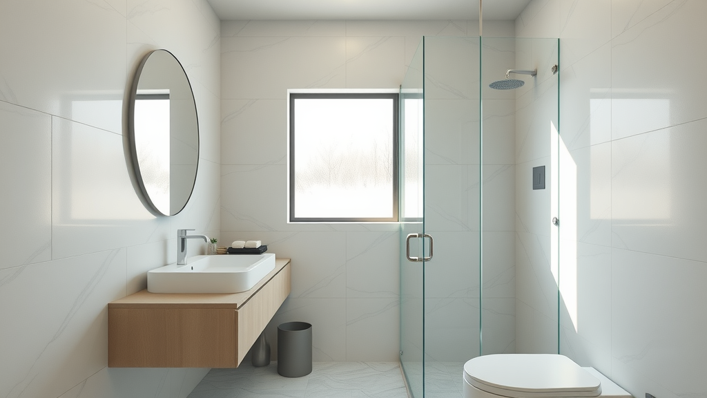 modern compact NJ bathroom with floating vanity and glass shower enclosure, modern marble tile and natural light, small bathroom renovation NJ