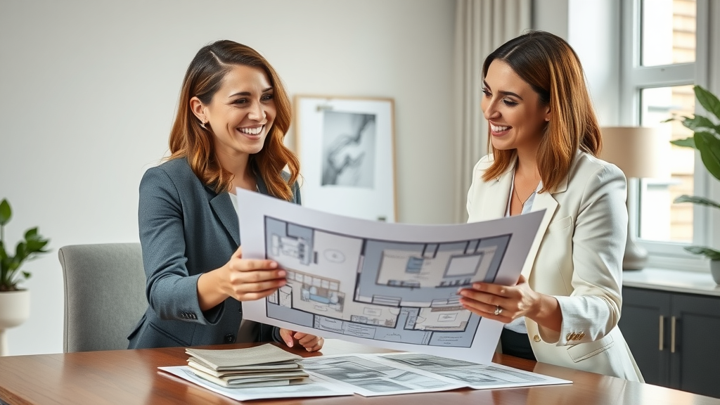 Professional home stager and real estate agent planning in a contemporary NJ office, floor plan and fabric samples for staging company meeting