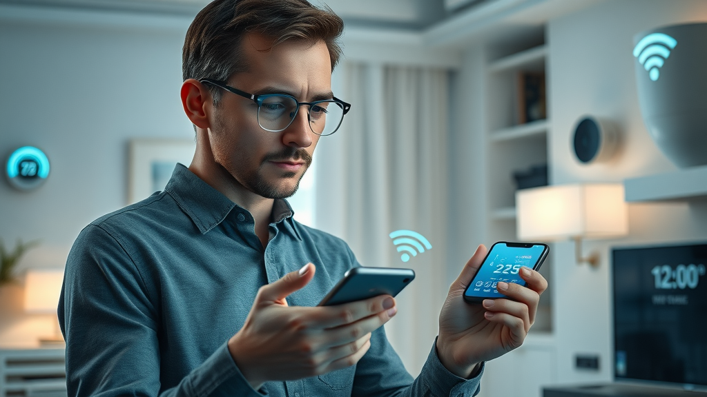 futuristic smart home devices with person interacting and network security overlays, smart home safety tips