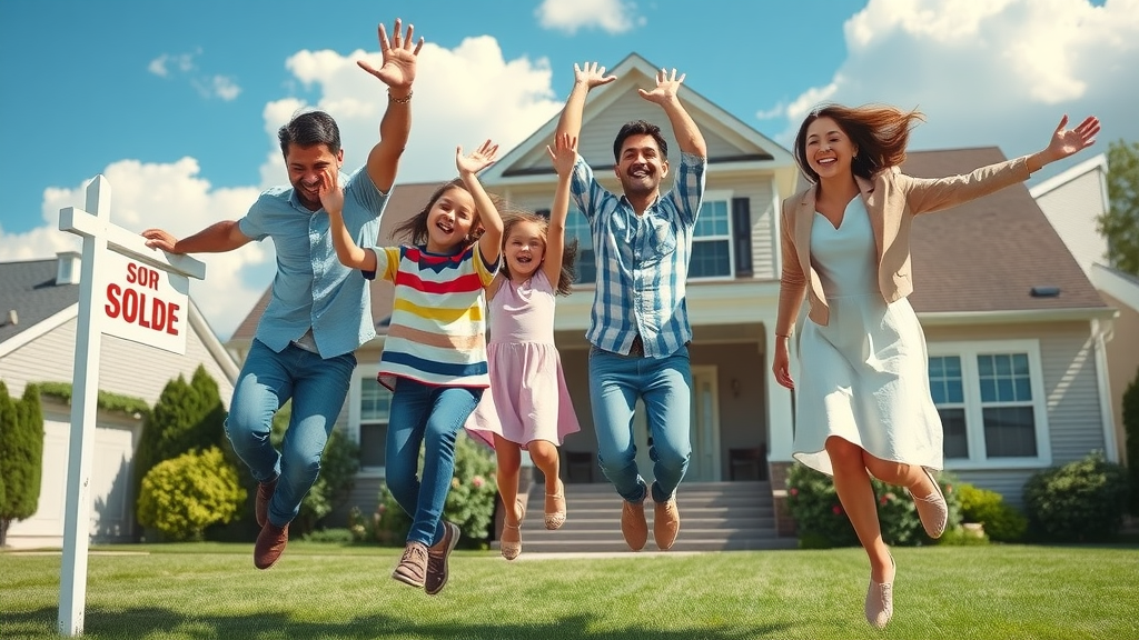 New Jersey family celebrating a quick home sale in front of sold sign, selling homes faster NJ