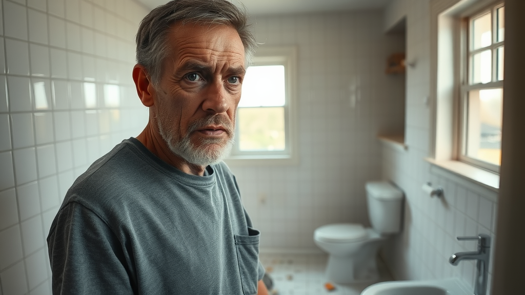 Worried New Jersey homeowner frustrated viewing poorly remodeled bathroom by unlicensed contractor – licensed bathroom renovators NJ
