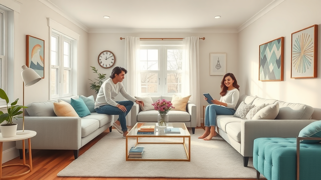 Affordable home staging NJ in a small New Jersey living room, clever furniture placement and cheerful décor for maximum space and appeal