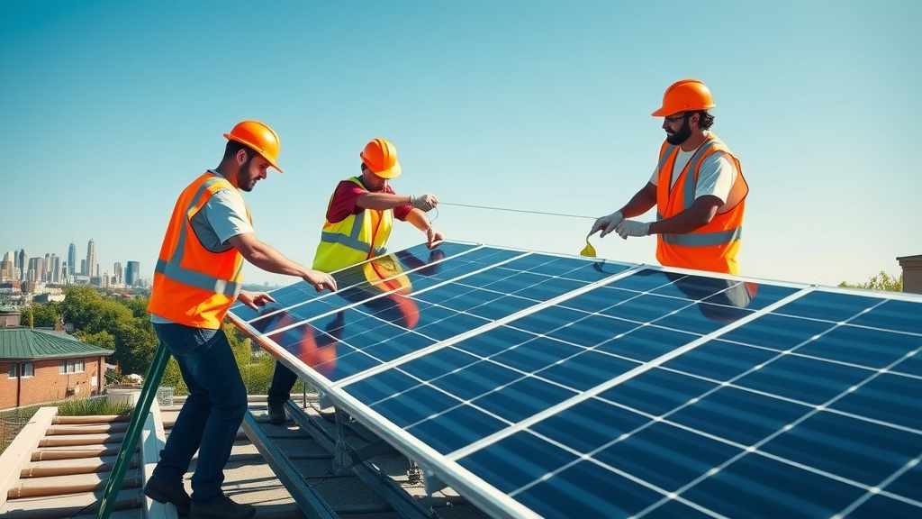 NJ solar panels, team installing rooftop solar panels on a New Jersey school for clean energy, community environmental benefit
