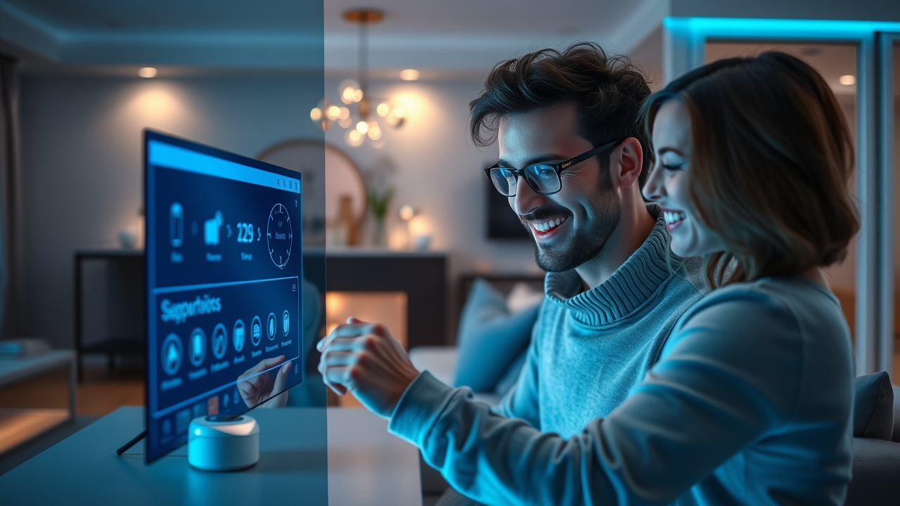 smart home control panel user smiling adjusting security system settings modern NJ home with visible security cameras smart devices