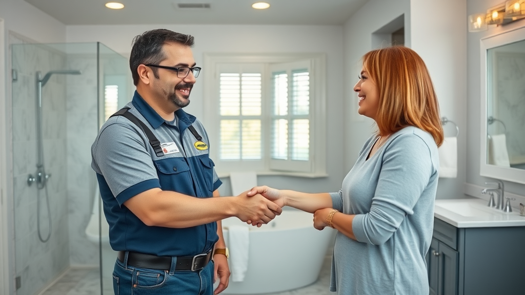 experienced bathroom remodeling contractor shaking hands with NJ homeowner after a remodel