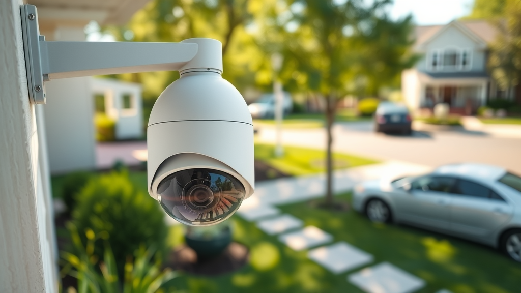 modern outdoor security camera on NJ home exterior green lawn morning sunlight