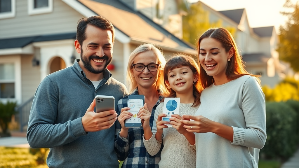 Happy family in New Jersey monitoring solar app and enjoying big energy savings with solar panels