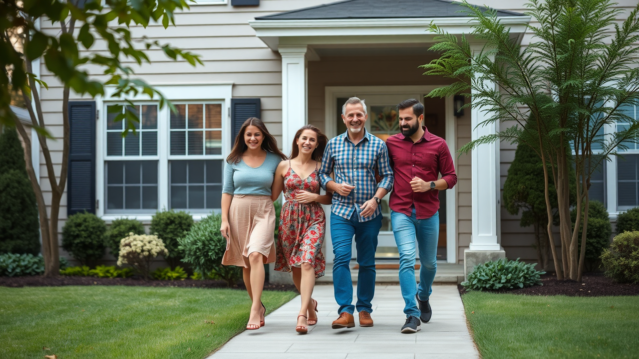 modern suburban New Jersey home exterior, confident family, walking toward front door, home security sign, landscaping, afternoon lighting