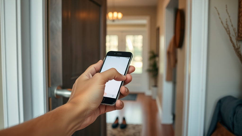 close-up smartphone unlocking smart lock door NJ home hand blurred hallway