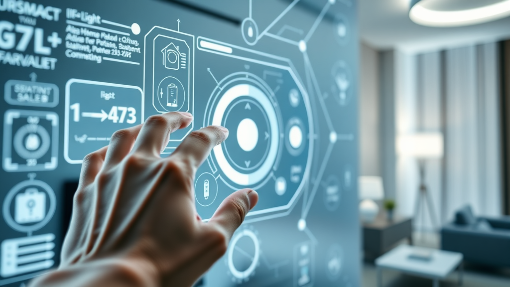 Futuristic NJ smart home IoT device dashboard, user adjusting automation settings, interconnected devices and energy management | smart home tech