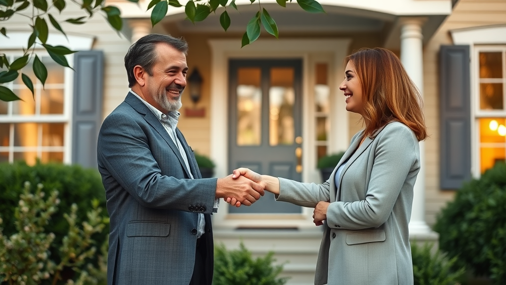 Affordable home staging NJ: Satisfied home seller and professional home stager shaking hands after a successful consultation outside a stylish New Jersey house
