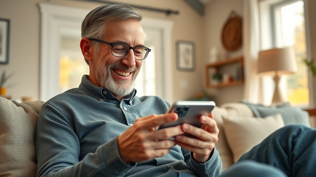 NJ homeowner checking smart home security app confident support cozy living room sensors monitor
