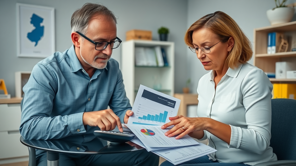 solar power savings NJ, financial advisor and homeowner reviewing solar panel costs and ROI in New Jersey office
