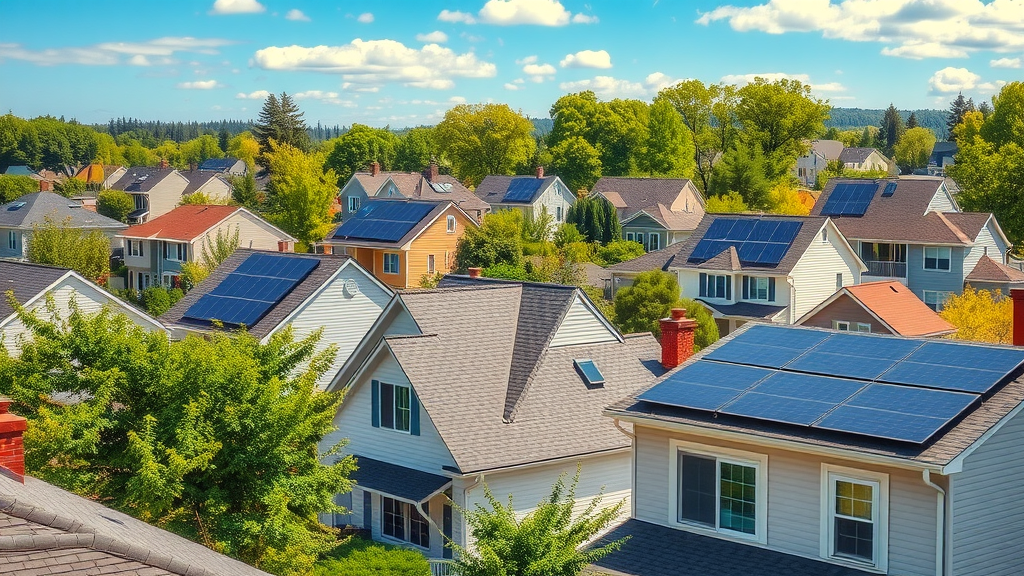 Clean residential rooftops in New Jersey with families enjoying sunny weather and sparkling solar panels