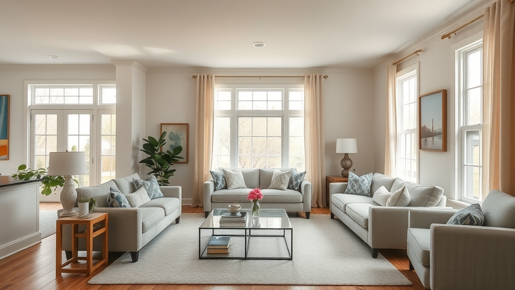 Inviting suburban New Jersey living room with affordable home staging NJ, bright windows, neutral decor, and family-friendly style