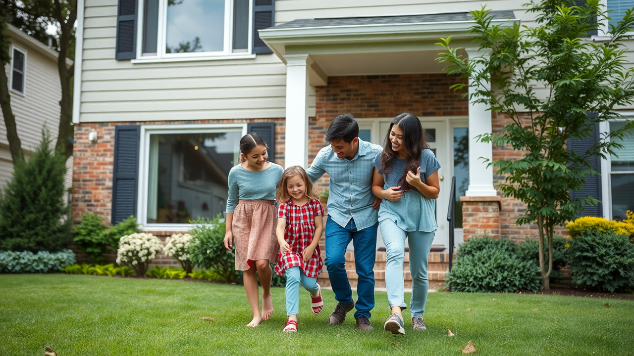 smart home security installation nj modern suburban New Jersey home with secure system, happy family outside, security cameras, smart locks, lush garden, daytime light