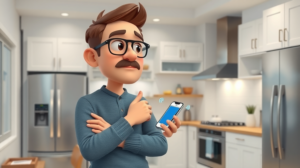 Thoughtful NJ homeowner checking smart home devices, app notifications, customer reviews smart home installers nj