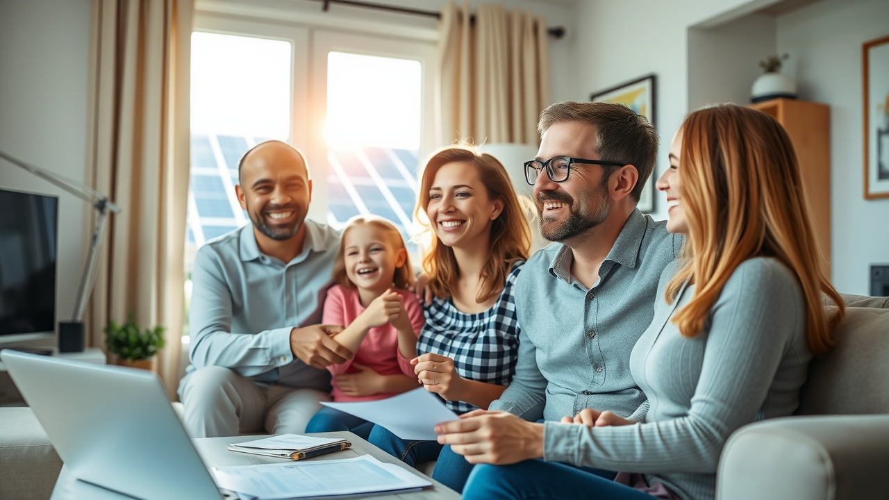 Happy New Jersey family reviewing solar incentives, tax credits, and celebrating reduced solar panel cost